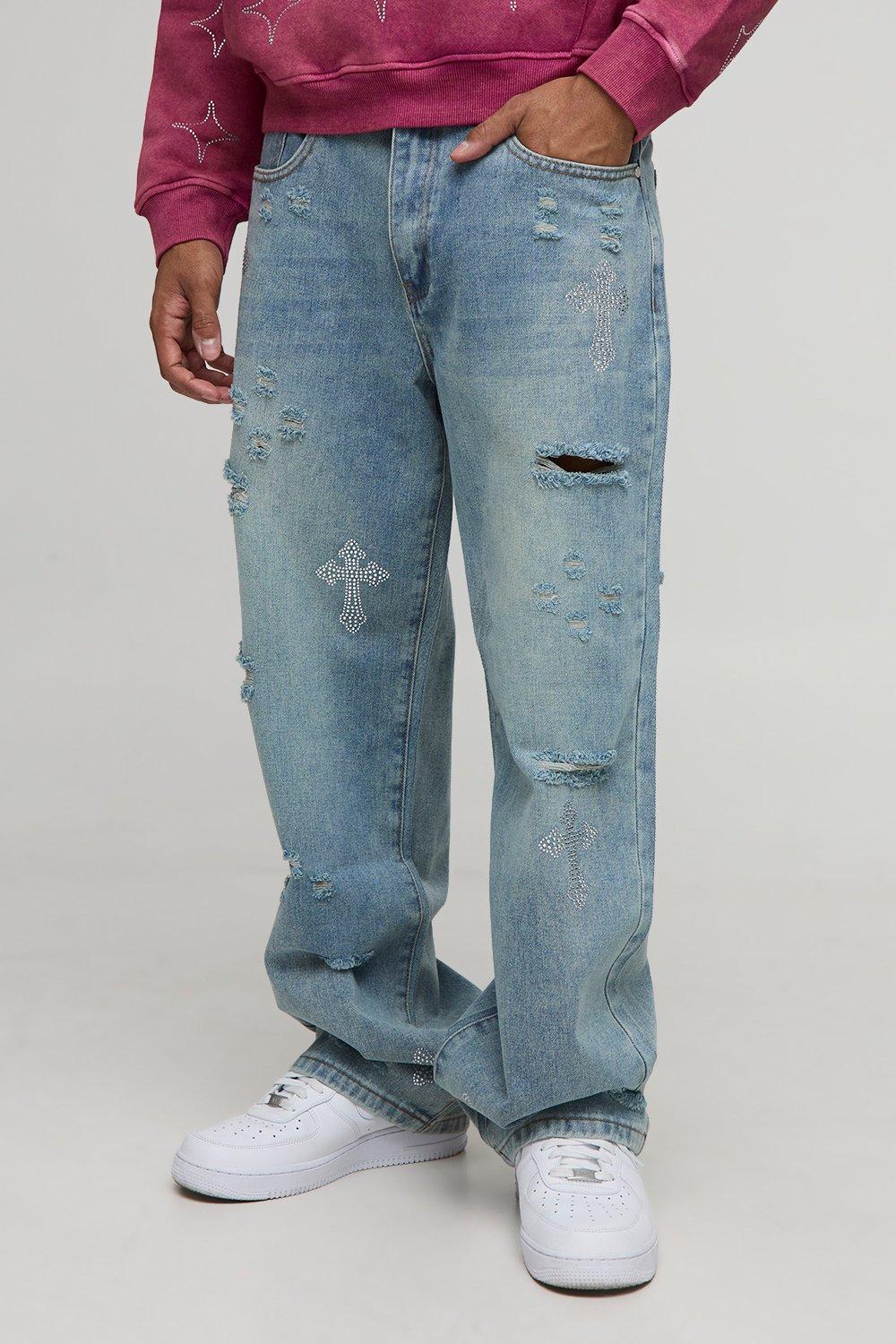 Mens Blue Relaxed Fit Rhinestone Cross Ripped Jeans, Blue